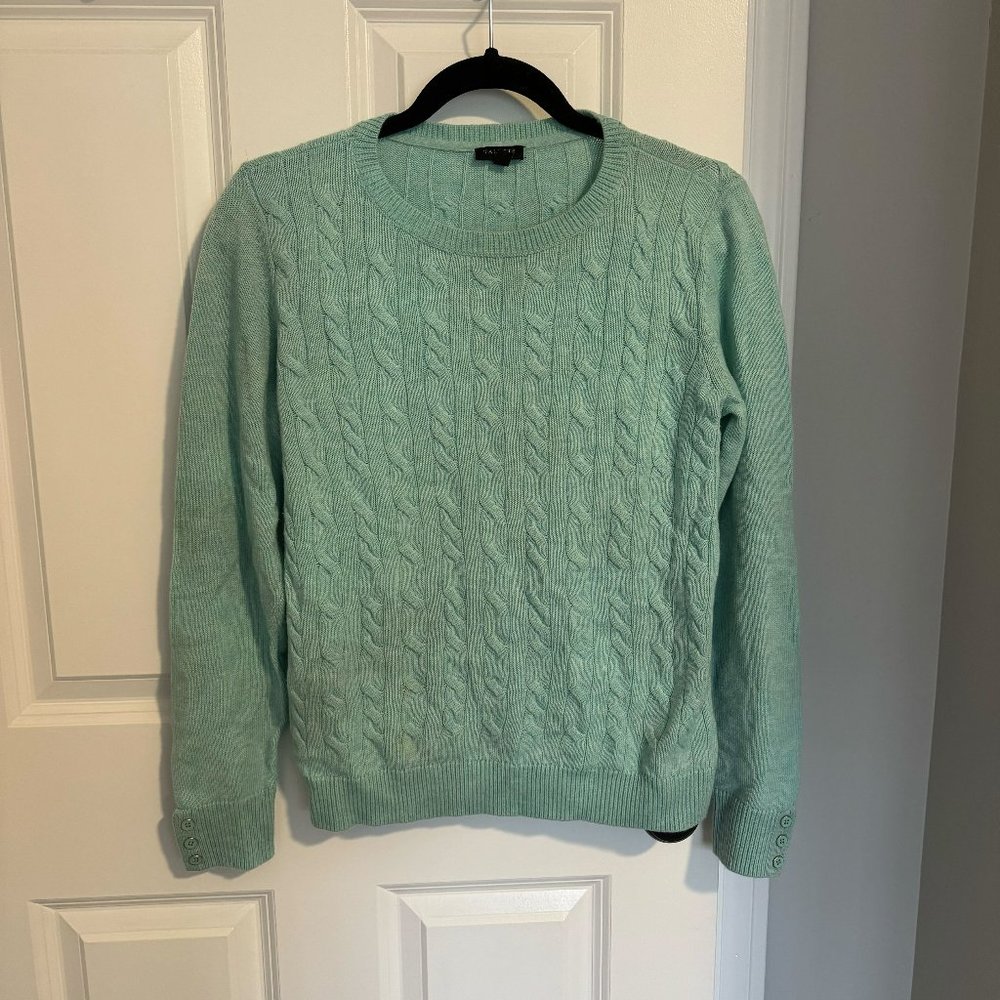 Talbots Light Blue Wool Blend Cable Knit Crew Neck Sweater - Size Medium Petite